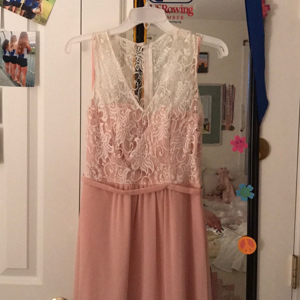 Blush pink and white lace prom dress